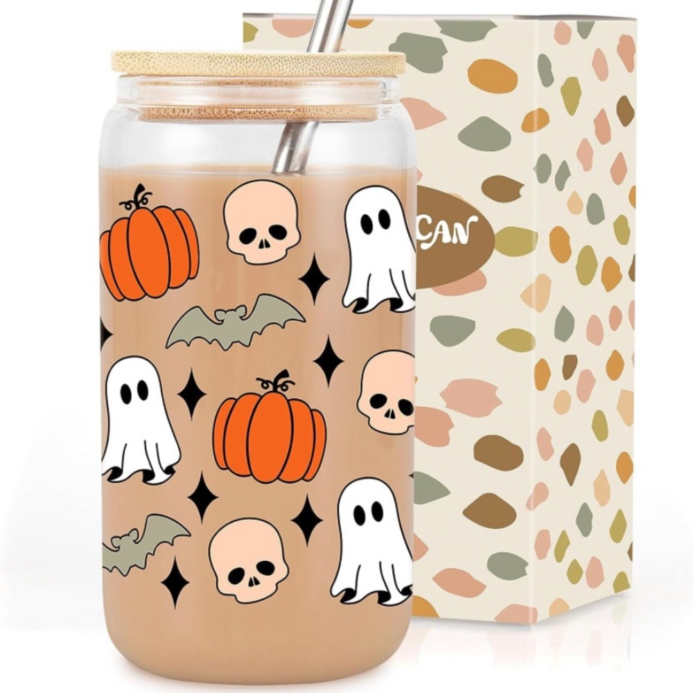 Coolife Halloween Pumpkin Skull Bat Glass Tumbler w/ Straw and Wooden Lid 16oz